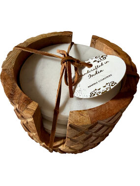 Marble Coasters Set with Wooden Holder, White and Brown. NWT
